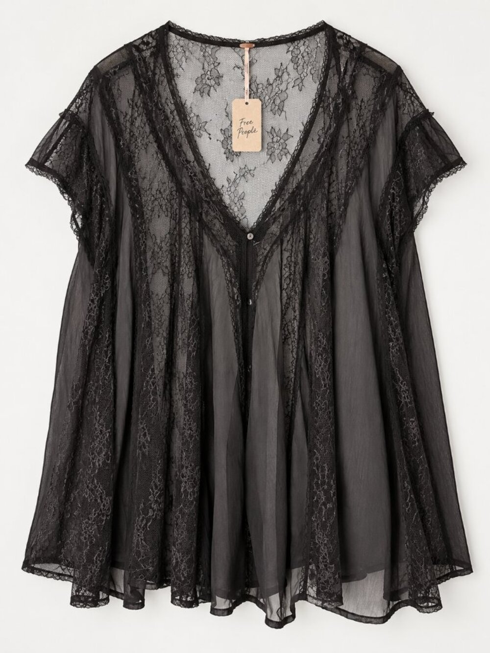Free People Farrah Lace Top Black Short Sleeve NWT Medium